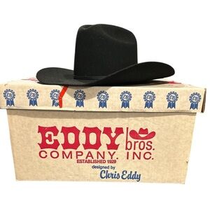 EDDY Bros. Rodeo Black Western Long Oval Fur Blend Cowboy Hat With Box Size 7 EC